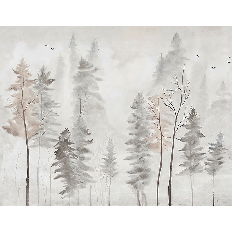 Nordic Trees Wall Mural for Guest Room Decoration, Custom-Printed Wall Covering in Grey and Pink