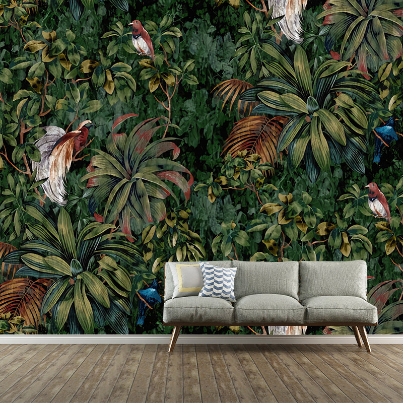 Big Photo Style Birds Mural Wallpaper for Living Room Decoration in Green, Custom Size Available