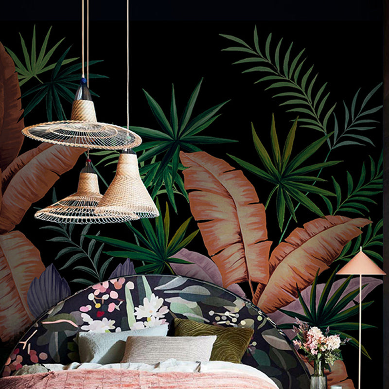 Enormous Illustration Banana Leaves Mural Wallpaper for Dining Room in Natural Color, Custom Size Available