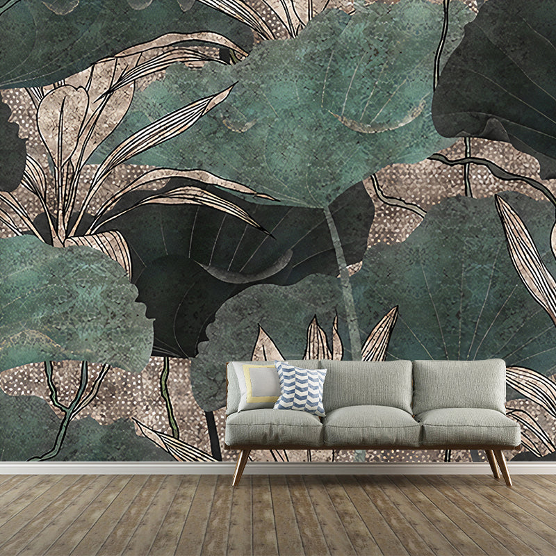 Big Asia Inspired Wall Mural in Green Lotus Leaves Wall Art, Custom Size Available