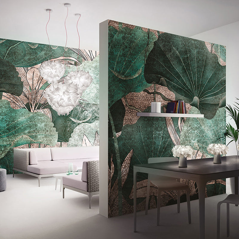 Big Asia Inspired Wall Mural in Green Lotus Leaves Wall Art, Custom Size Available
