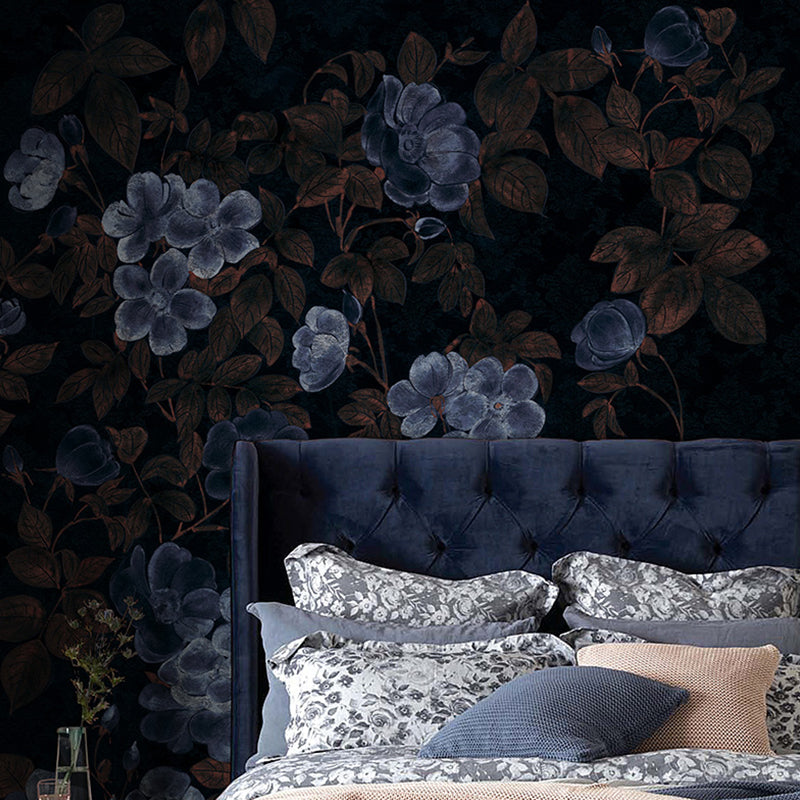 Blue and Black Flower Mural Wallpaper Bedroom Decorative Wall Art, Personalized Size Available