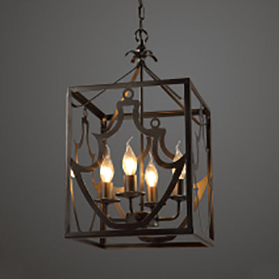Black 4 Bulbs Ceiling Light Fixture Farmhouse Style Metal Rectangle Cage Chandelier Lighting over Table