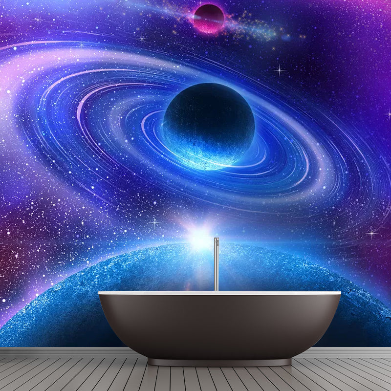 Blue and Purple Planet Mural Wallpaper Stain-Resistant Wall Decor for Guest Room