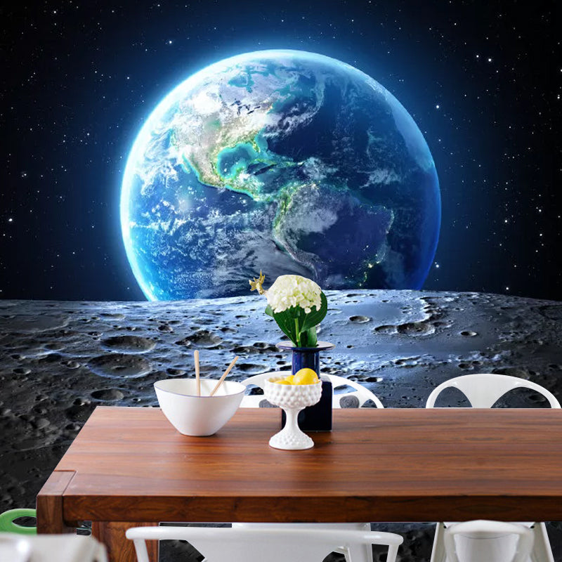 Moon and Earth Mural Wallpaper in Blue Bedroom Decorative Wall Covering, Custom Size Available
