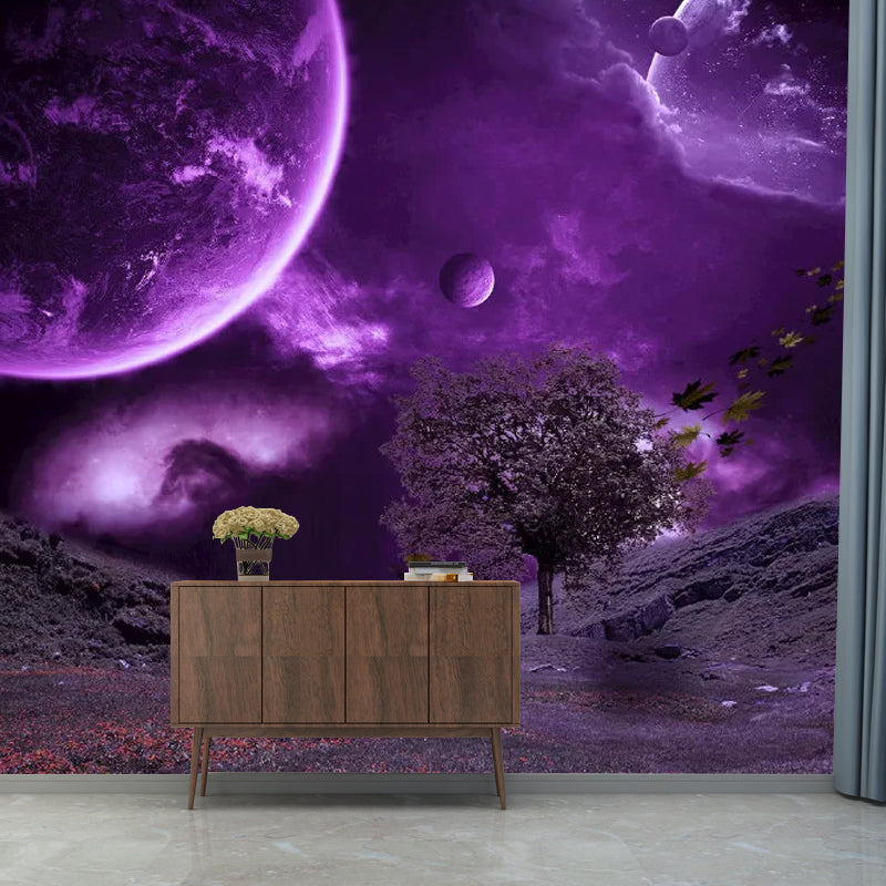 Planet and Desert Mural Wallpaper Contemporary Wall Covering in Purple, Custom Size Available