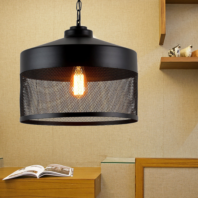 1 Head Metal Hanging Light Industrial Style Black Mesh Drum Shade Restaurant Pendant Light Fixture
