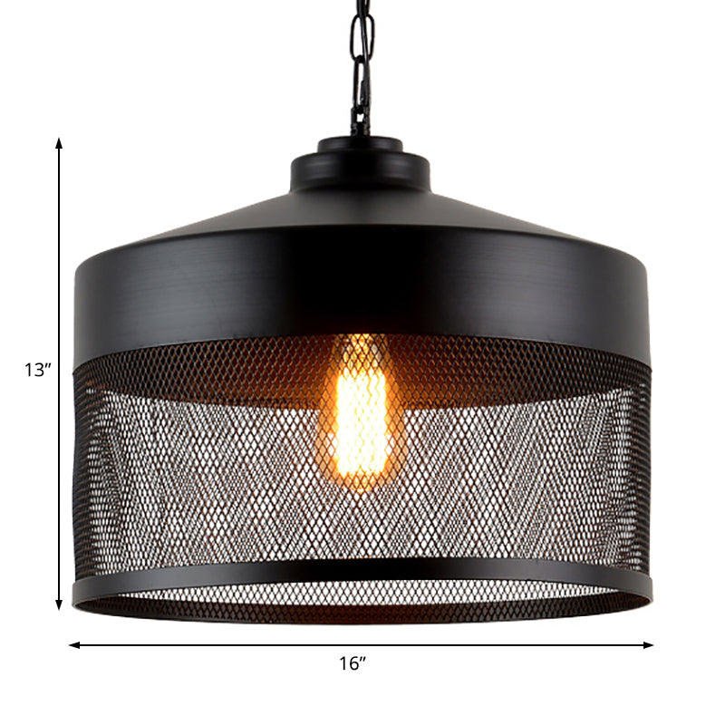 1 Head Metal Hanging Light Industrial Style Black Mesh Drum Shade Restaurant Pendant Light Fixture