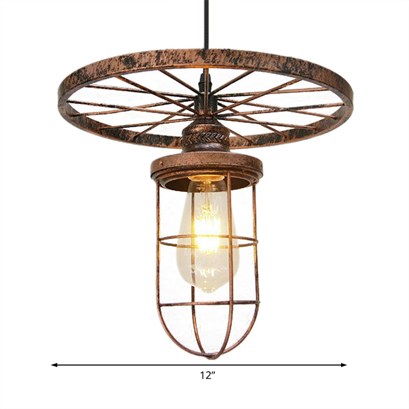 Bronze Wire Frame Hanging Lamp Industrial Stylish Wrought Iron 1 Light Restaurant Ceiling Light with Wheel