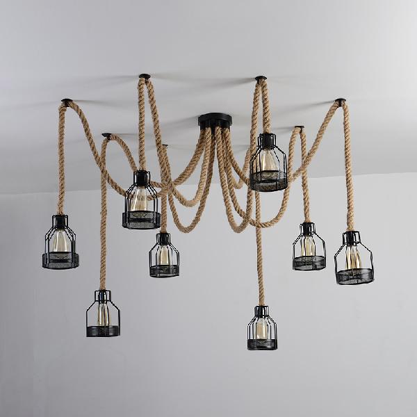 Black Swag Ceiling Fixture with Wire Cage Shade Antique Iron and Hemp Rope 8 Bulbs Restaurant Hanging Light