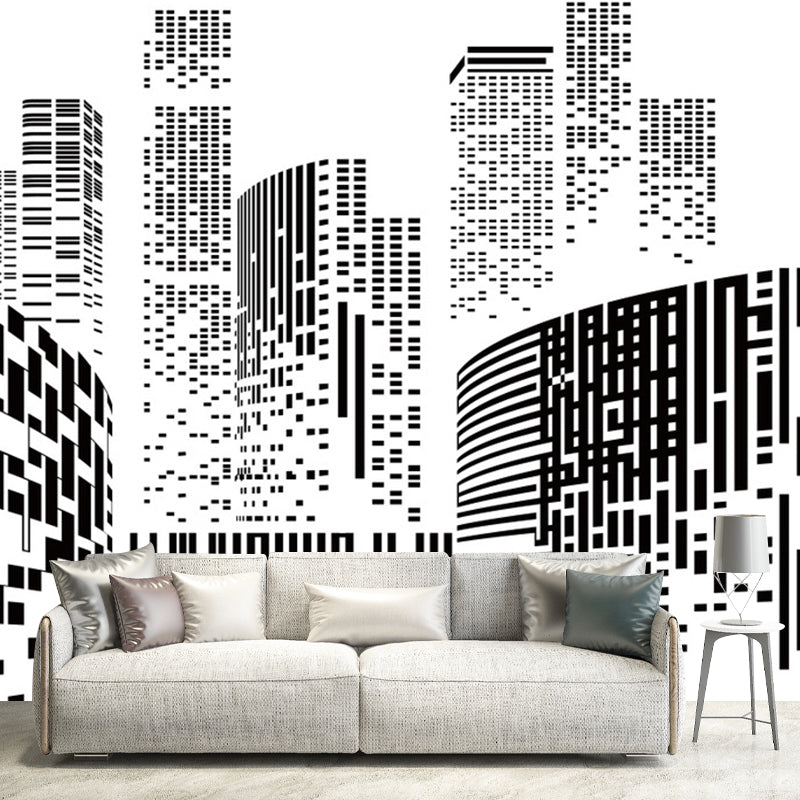 Modern City Wall Mural Decal for Office Room, Personalized Size Wall Decor in Black and White