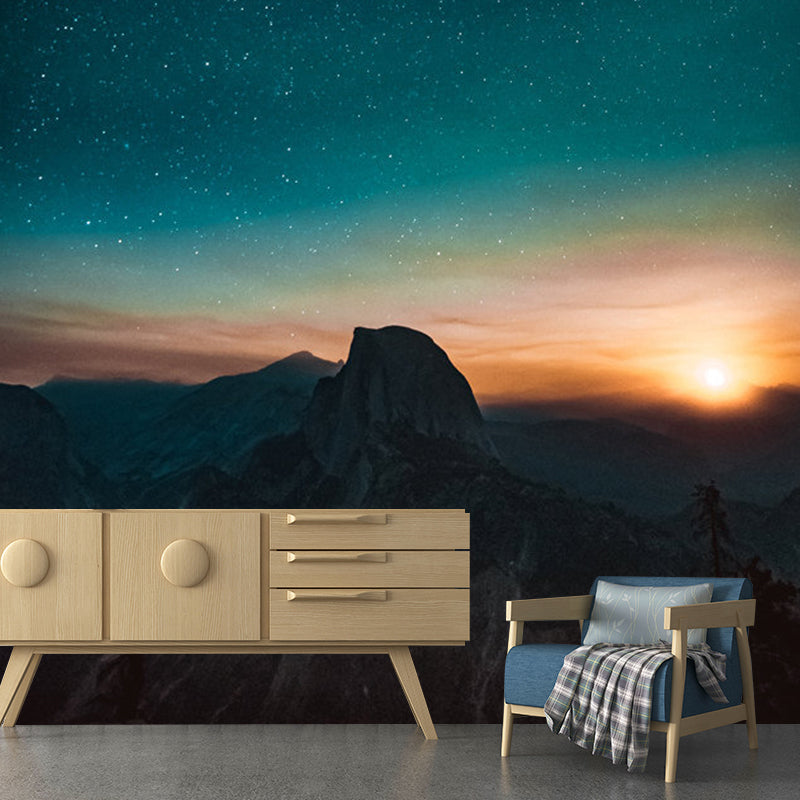 Full Night Sky Mural Wallpaper in Blue and Orange Non-Woven Fabric Wall Covering for Accent Wall, Custom-Made