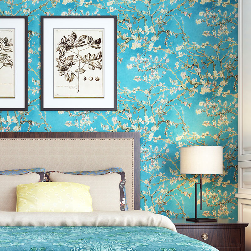 Blue and White Rural Wallpaper 20.5"W x 33'L Apricot Flower Wall Decor for Dining Room