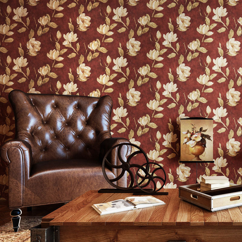 Dark Red Blossoming Roses Wallpaper Moisture-Resistant Wall Decor for Bedroom, Non-Pasted