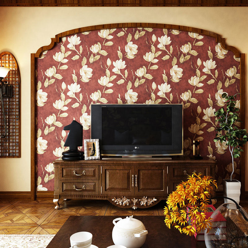 Dark Red Blossoming Roses Wallpaper Moisture-Resistant Wall Decor for Bedroom, Non-Pasted