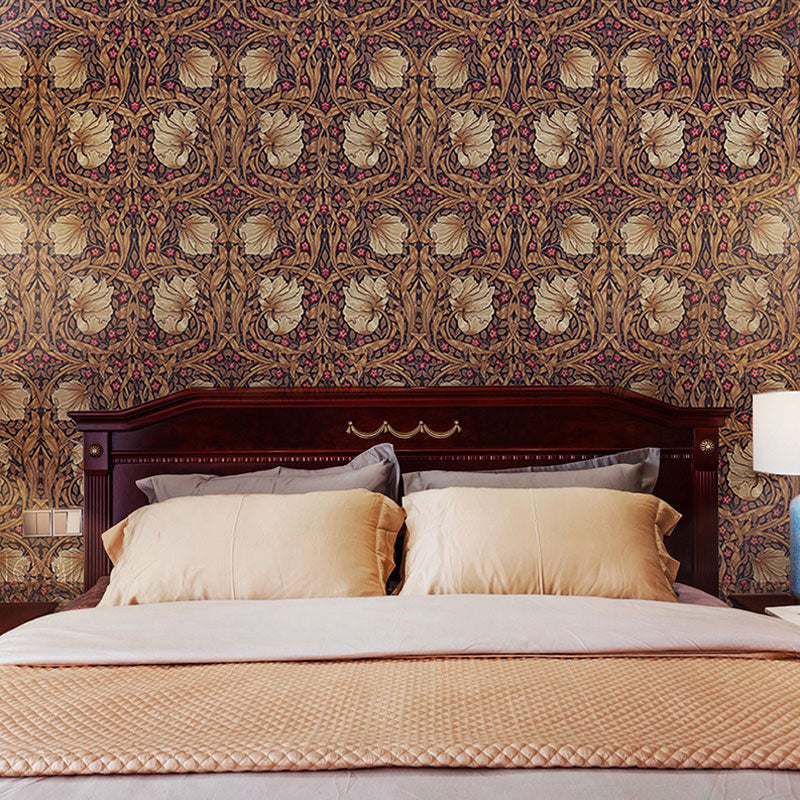 57.1 sq ft. Rural Wallpaper Roll for Bedroom Decor with Garden Flowers Design in Dark Red