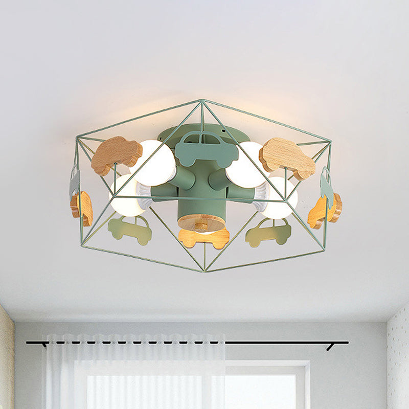 Pentagon frame semi -montage verlichting macaron metaal 5 bollen grijs/groen/roze afwerking dicht bij plafondlamp met houten auto -deco