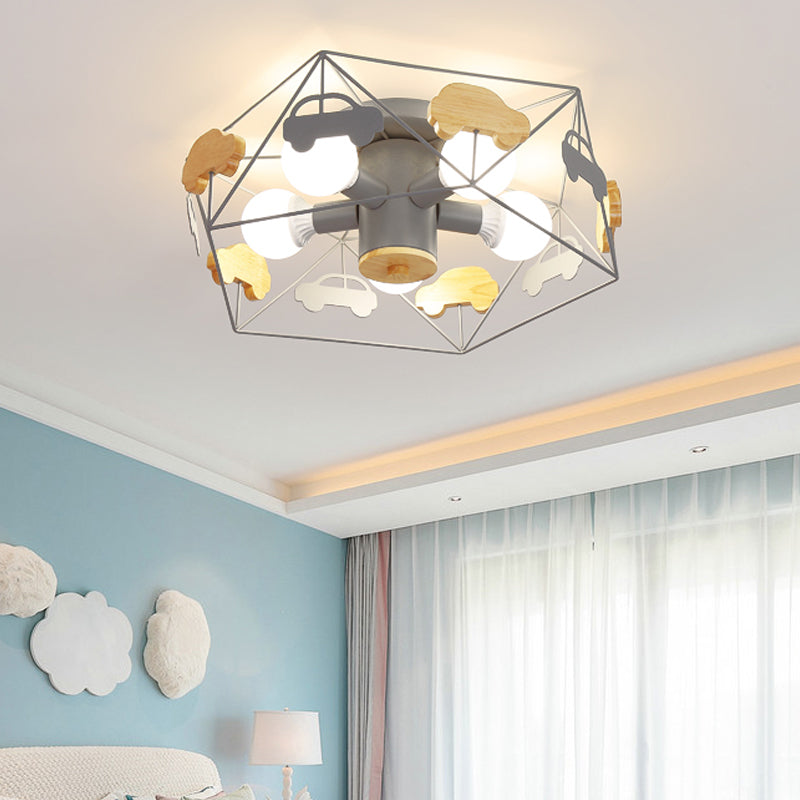 Pentagon frame semi -montage verlichting macaron metaal 5 bollen grijs/groen/roze afwerking dicht bij plafondlamp met houten auto -deco