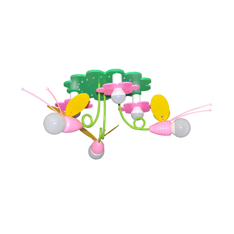Bee-Like Wood Semi Flush Light Fixture Cartoon 6 Heads Green and Pink Flush Ceiling Lamp