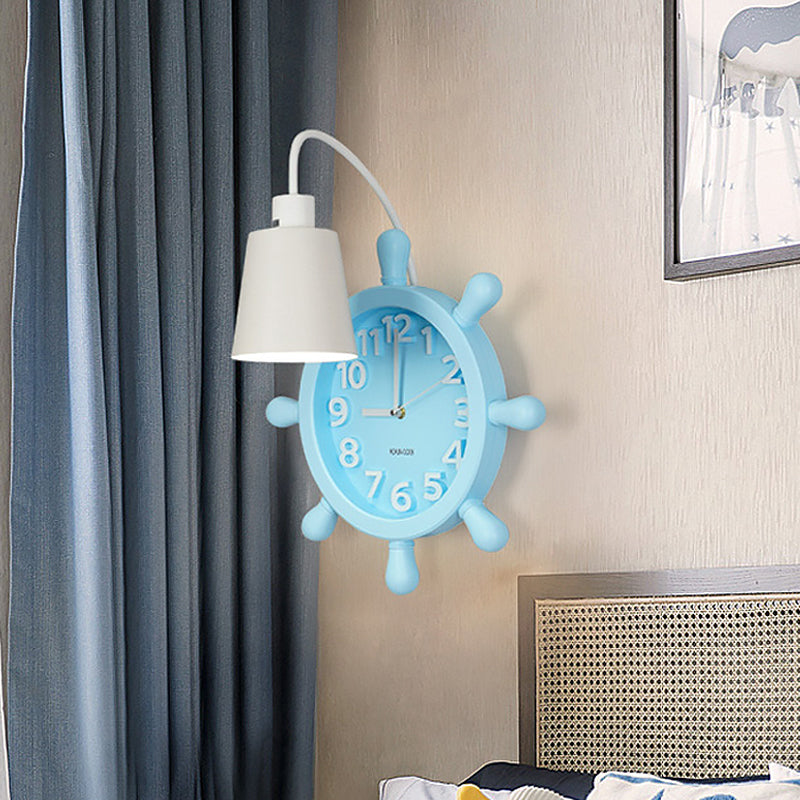 Clock Wall Mounted Light with Rudder Design Kids Metal 1 Light Pink/Blue Finish Wall Lamp Fixture for Bedside