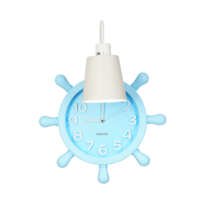 Clock Wall Mounted Light with Rudder Design Kids Metal 1 Light Pink/Blue Finish Wall Lamp Fixture for Bedside
