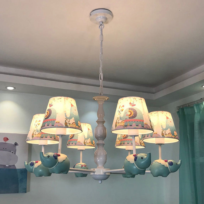 Resin Elephant suspendu du lustre de lustre 5/6 têtes Plafond bleu clair Lumiter avec une teinte en tissu à motifs de baril