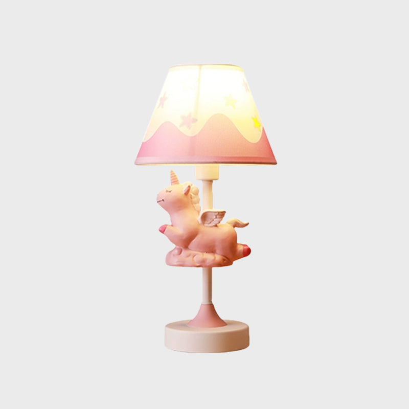 Cartoon 1 lichte tafelverlichting met stofschaduw conisch roze/blauw/gouden eenhoorn nachtkastje lamp voor studieruimte