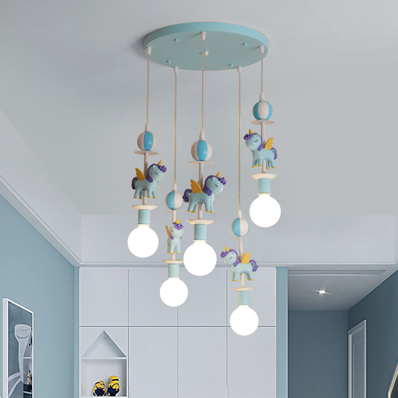 Unicorn Shape Multi Ceiling Light Cartoon Resin 5 Bulbs Pink/Blue Finish Hanging Lamp Kit with Round Canopy