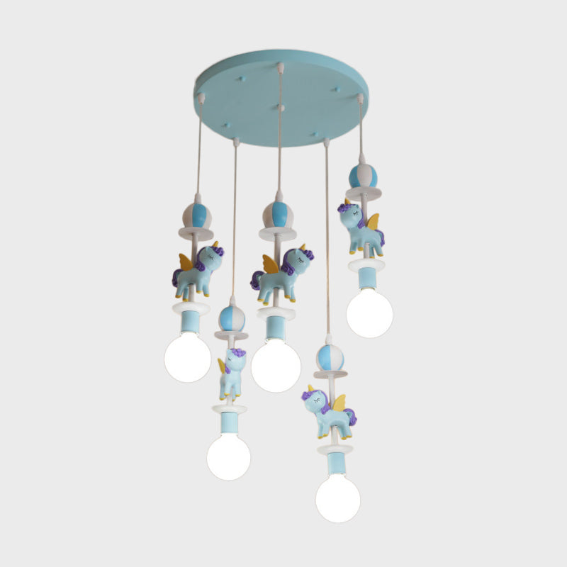 Unicorn Shape Multi Ceiling Light Cartoon Resin 5 Bulbs Pink/Blue Finish Hanging Lamp Kit with Round Canopy