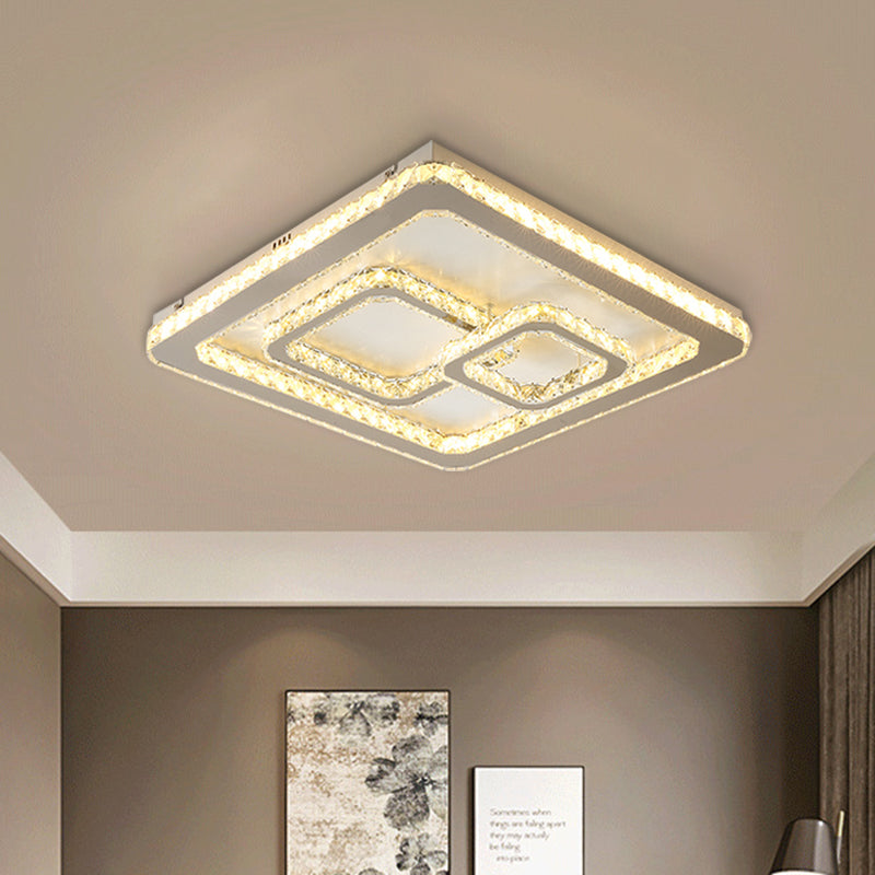 Minimal Squared Ceiling Mounted Lamp Crystal Block LED Bedroom Flushmount Light in Nickel