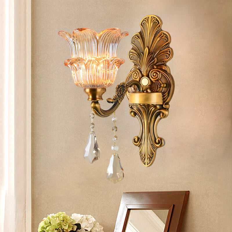 Brass 1/2-Head Sconce Lighting Mid Century Clear Crystal Glass Flower Shade Wall Lamp