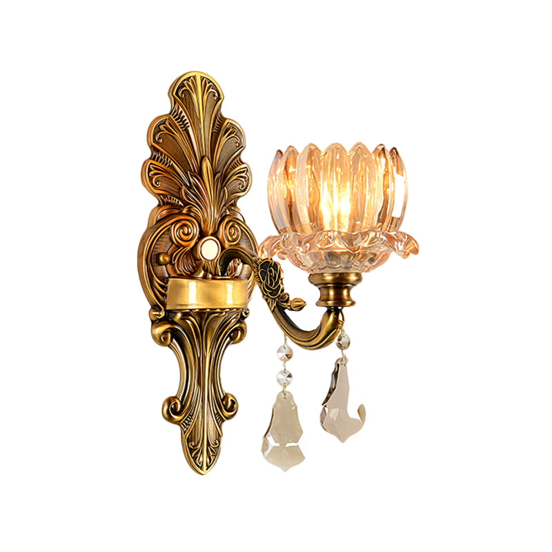 Mid Century Flower Shade Wall Sconce Light 1/2-Light Clear Glass Wall Mount Lamp in Brass