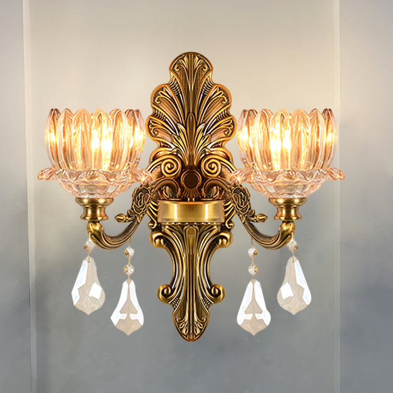 Mid Century Flower Shade Wall Sconce Light 1/2-Light Clear Glass Wall Mount Lamp in Brass