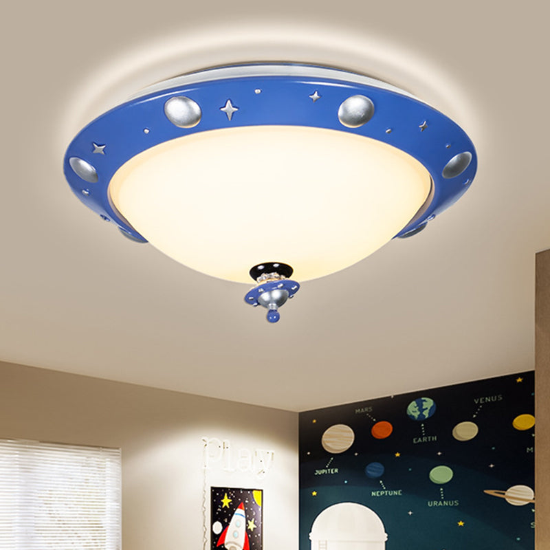 UFO Kids Room LED Soffitto Flush Resin Illuminazione minimalista del montaggio a incasso in blu con paralume di vetro bianco