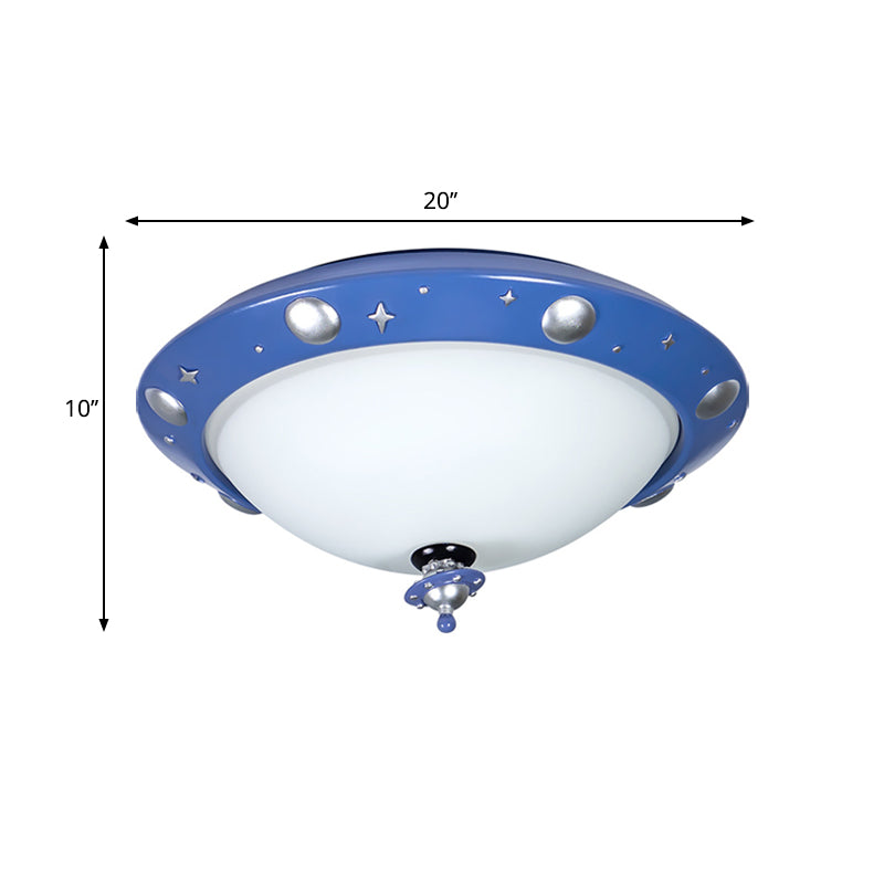UFO Kids Room LED Soffitto Flush Resin Illuminazione minimalista del montaggio a incasso in blu con paralume di vetro bianco