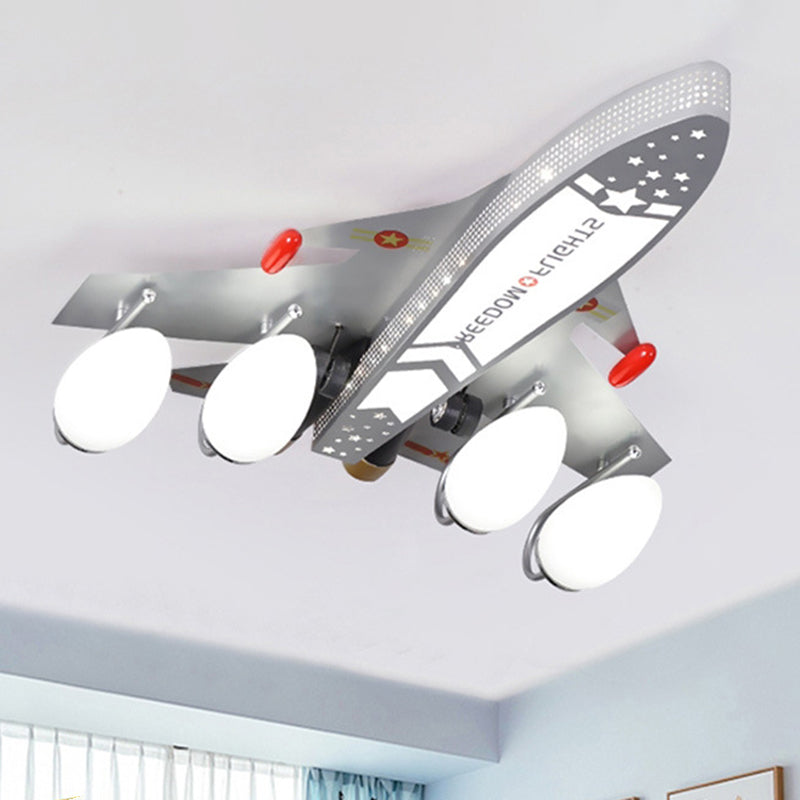 Silver Airplane Flush Light Fixture Kids Style 4-Head Metal Ceiling Mount Lamp for Bedroom
