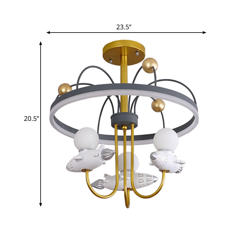 Raketen- und Orbitharz-Halbfluschen-Chandelier-Kinder 3-Fulbgold und graue Decke Flush Mount