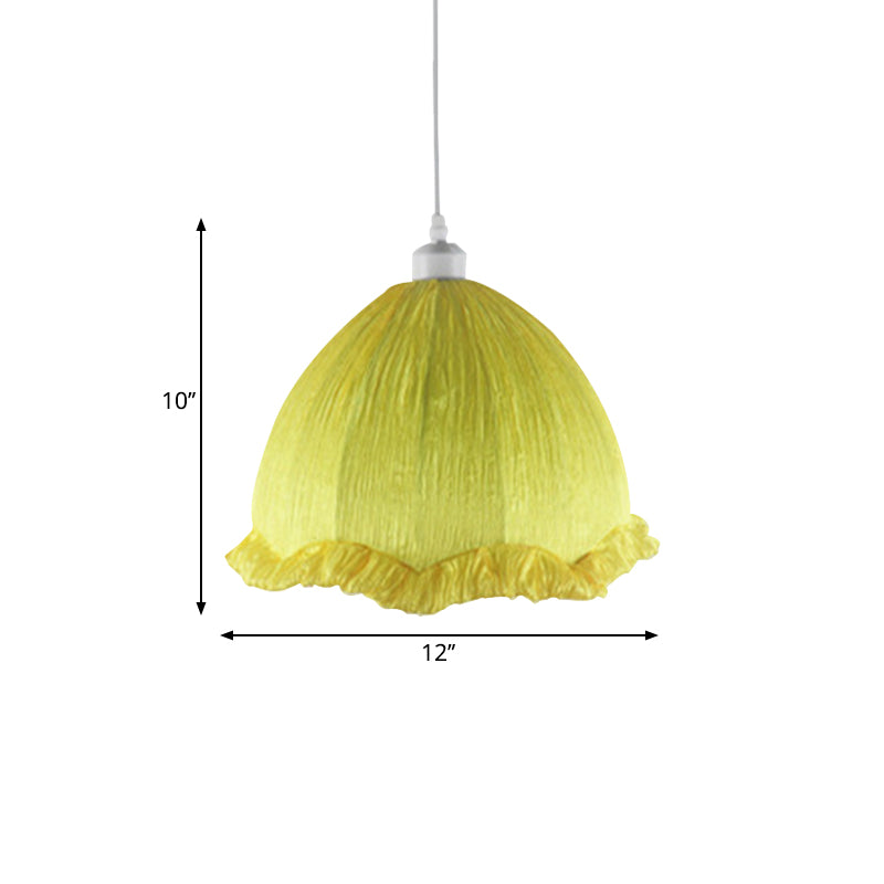 Dome Bedside Down Lighting Pendant Fabric 1 Bulb 12"/16" Wide Modern Hanging Lamp with Scalloped Trim in Yellow