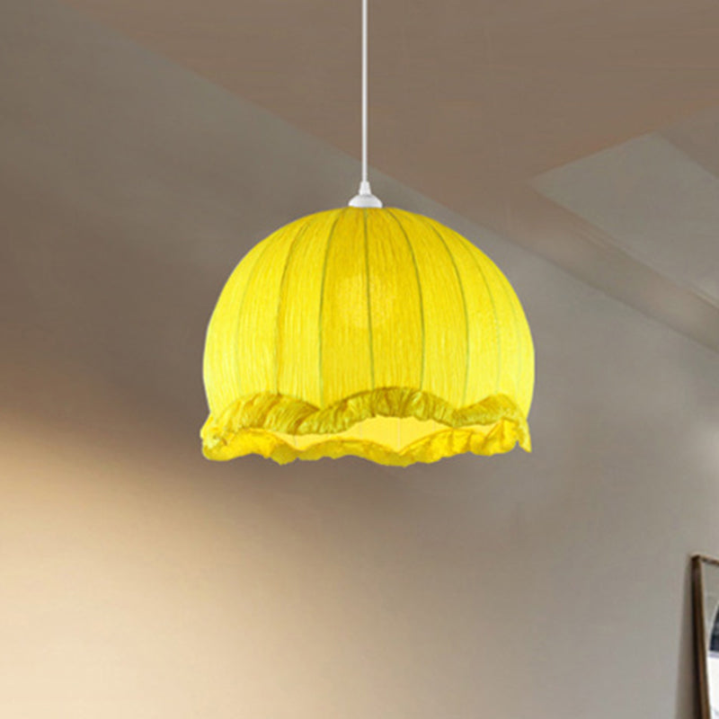 Dome Bedside Down Lighting Pendant Fabric 1 Bulb 12"/16" Wide Modern Hanging Lamp with Scalloped Trim in Yellow