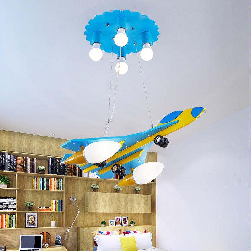 Fighter Jet Kindergarten Drop Lamp Wood 6-Light Kids Chandelier Pendant with Opal Glass Shade
