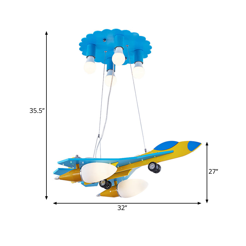 Fighter Jet Kindergarten Drop Lamp Wood 6-Light Kids Chandelier Pendant with Opal Glass Shade
