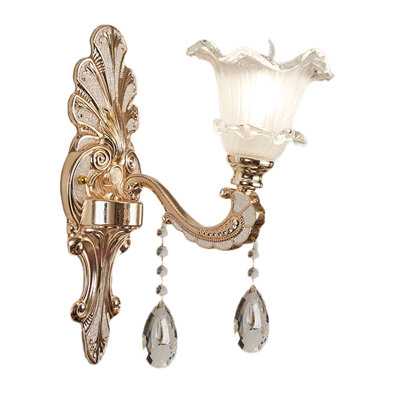 Ruffle-Trimmed Bell Frosted Glass Sconce Retro 1/2-Bulb Doorway Wall Mounted Light in Gold