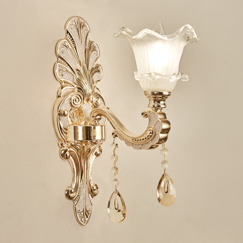 Ruffle-Trimmed Bell Frosted Glass Sconce Retro 1/2-Bulb Doorway Wall Mounted Light in Gold