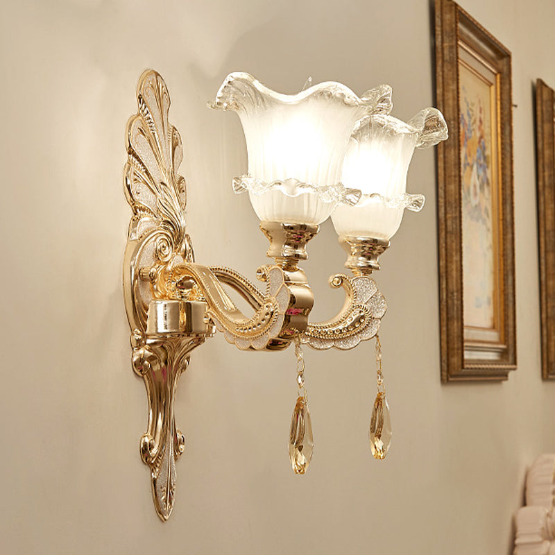 Ruffle-Trimmed Bell Frosted Glass Sconce Retro 1/2-Bulb Doorway Wall Mounted Light in Gold