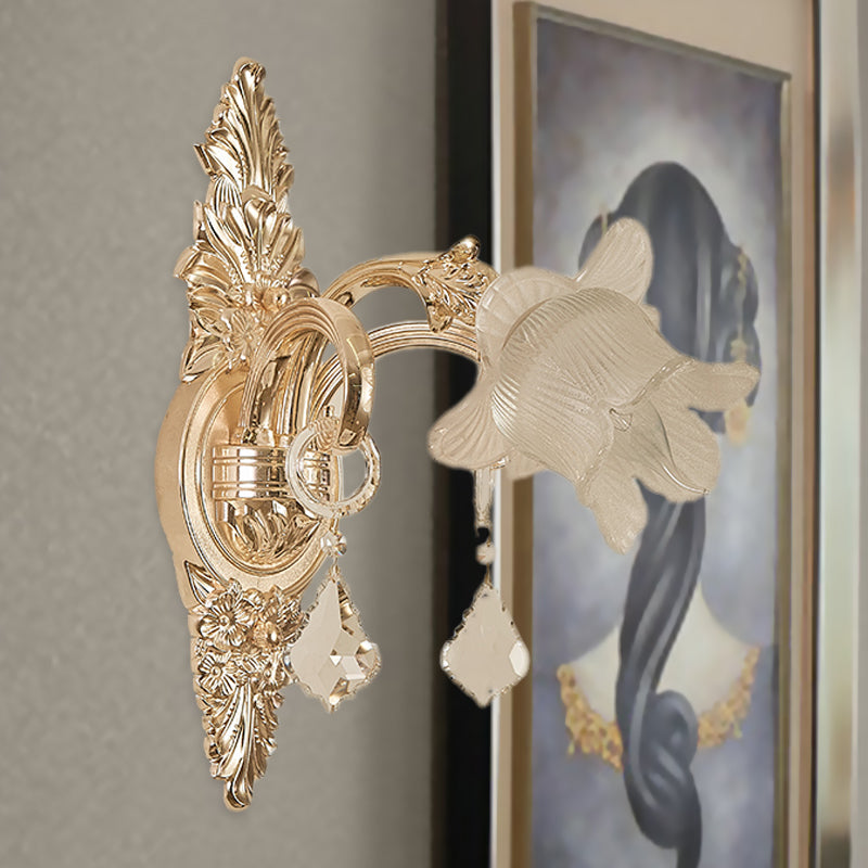 Frosted White Glass Bluebells Wall Light Traditional 1/2-Head Family Room Wall Sconce in Gold