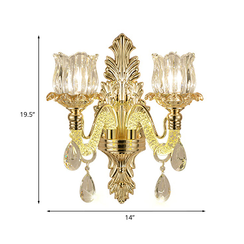 2-Light Wall Mounted Lighting Vintage Flower Bud Clear Carved Glass Wall Lamp Kit in Gold