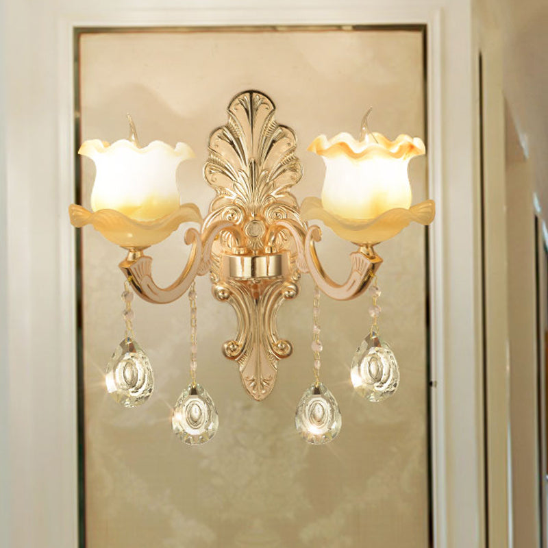 Vintage Ruffled Sconce Lighting 1/2-Head Frosted Glass Wall Mount Fixture in Gold for Bathroom