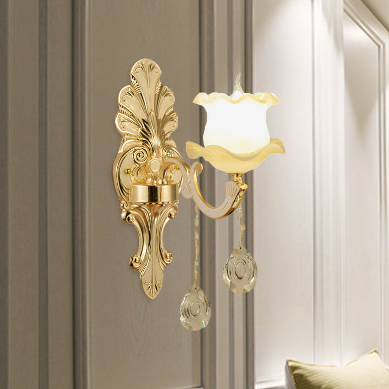 Vintage Ruffled Sconce Lighting 1/2-Head Frosted Glass Wall Mount Fixture in Gold for Bathroom