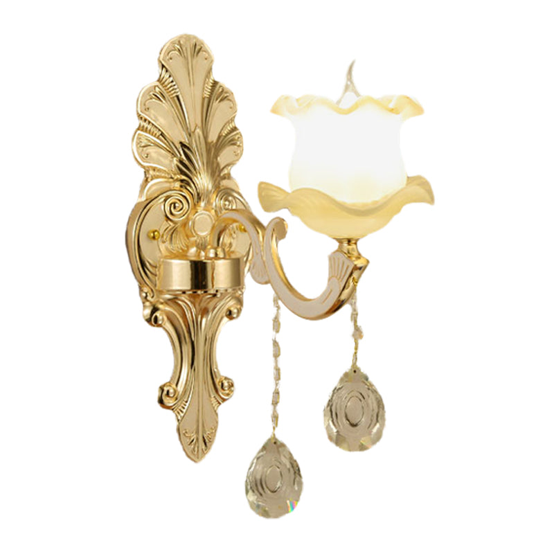 Vintage Ruffled Sconce Lighting 1/2-Head Frosted Glass Wall Mount Fixture in Gold for Bathroom