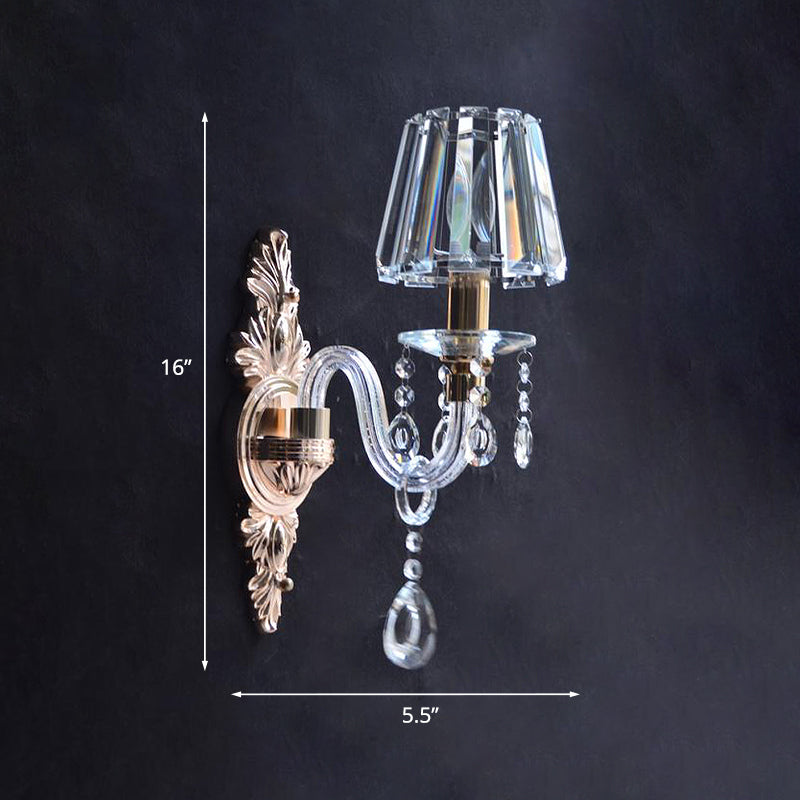 Clear Prismatic Crystal Cone Wall Lamp Vintage 1 Bulb Family Room Wall Light Fixture with Curved Tube Glass Arm